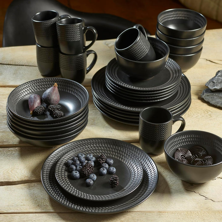 ECHTWERK 30-Teiliges Vintage Kombiservice "Blackstyle" Modern-Design, Für 6 Personen, Geschirrset Aus Steingut Mit 6 X Speiseteller, 6 X Beilagenteller, 6 X Schüssel, 6 X Teetassen, 6 X Suppenteller Seturi vesela masa Naty Shop