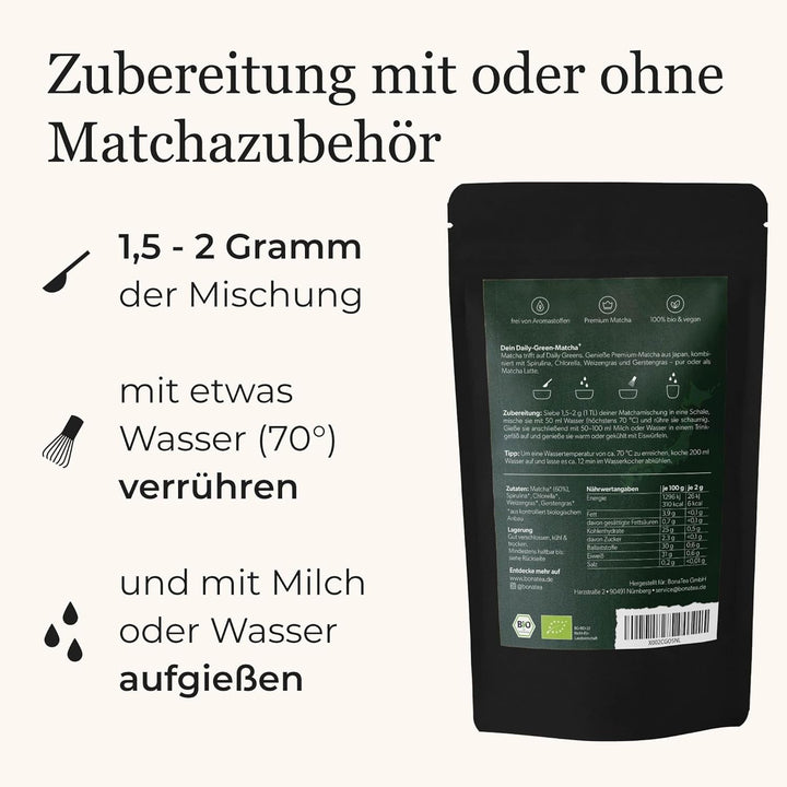 Bio Daily Green Matcha+, amestec de matcha cu spirulină, chlorella, iarbă de grâu, iarbă de orz și 60% matcha premium organic din Japonia, 80 g