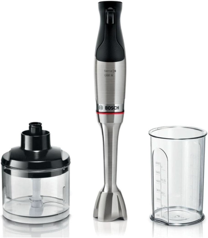 Bosch Stabmixer Ergomaster Serie 6 MSM6M810, Einhändig Bedienbar, 10 Jahre Motorgarantie, Edelstahl-Klingen, Verschleißfreie Keramik-Kupplung, Luftkühlung, Quattroblade, Mixbecher, 1200 W, Edelstahl Bucatarie Naty Shop 2-In-1, 1200 Watt