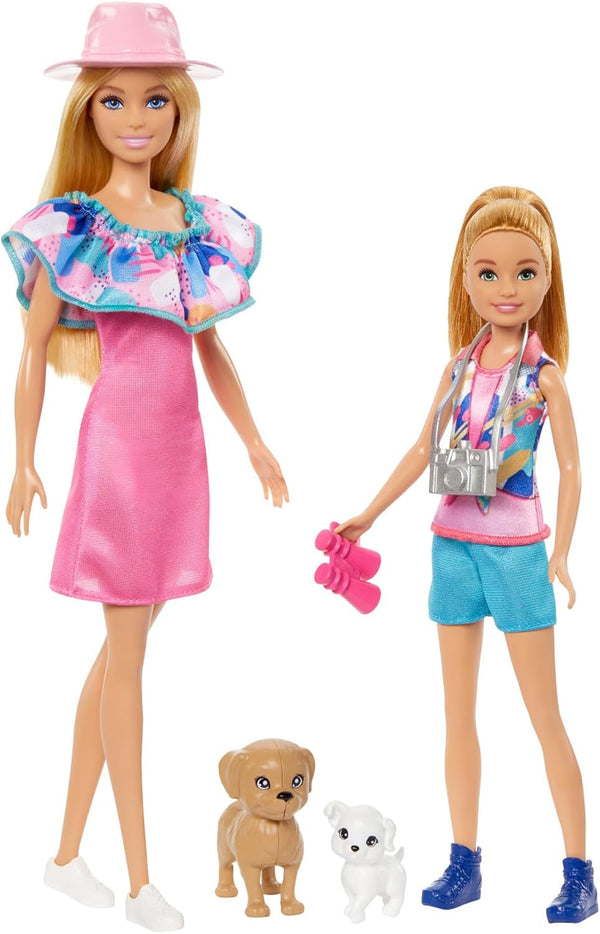 Barbie și sora mai mică Stacie - Asigură aventurile fraților în haine de vară și accesorii, inclusiv aparat de fotografiat, binoclu, pălărie de vară și două pălării mici, pentru copii de la 3 ani, HRM09 Papusi Naty Shop Titlu implicit