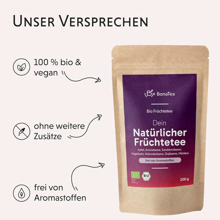 Ceai natural din fructe BIO vrac, fără arome, delicat și natural, cu fructe de cătină, fructe de soc și fructe de aronia, 200 g