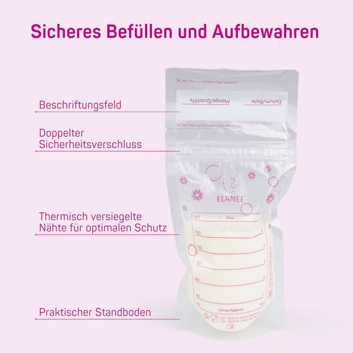 ELANEE Muttermilchbeutel, Aufbewahren & Einfrieren Von Muttermilch, Geschmacksneutral Und Vorsterilisiert, Doppelter Sicherheitsverschluss,20 Stück, Mit Standfuß (711-00) Accesorii Hrana si Alaptare Bebe Naty Shop