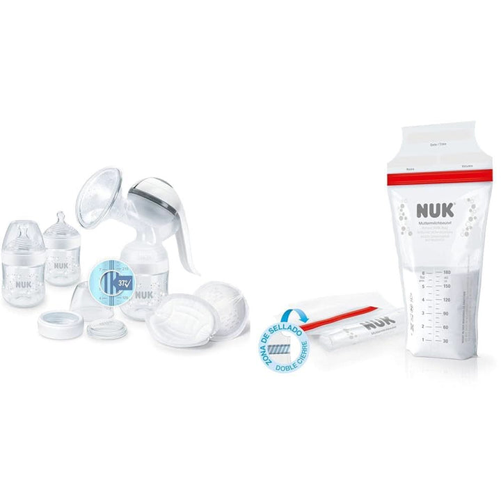 Pompă de sân manuală NUK Nature Sense | Set de alăptare cu pompă de sân manuală, biberoane și tampoane de alăptare Ultra Dry Comfort | 6 piese Accesorii Hrana si Alaptare Bebe Naty Shop Pachet cu pungă pentru lapte matern Cu control al temperaturii