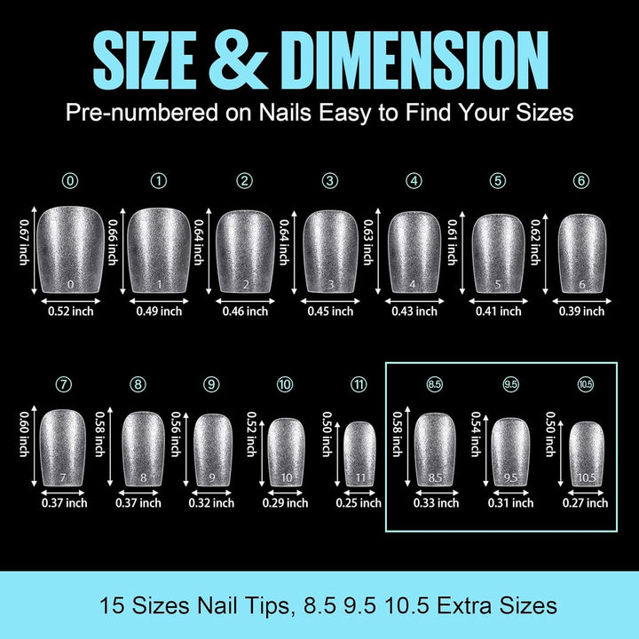 TOMICCA Coffin Tips Ultra Short Nail Tips - Tipuri de unghii, Tipuri moi cu gel, Acoperire completă, Tipuri de unghii artificiale mate preformate, Tipuri de gel pentru unghii cu gel - 360 bucăți, 15 mărimi