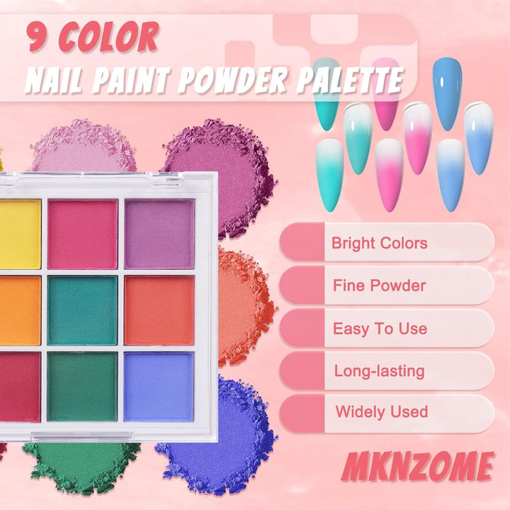 9 Farben Pigment Für Nägel, Nagelpulver Nail Powder 100 Stück Nail Art Schwamm Mit Metallgreifer, Ombre Glitzerpulver Nagelpuder Nailart Nagel Deko Für DIY Nageldesign, B