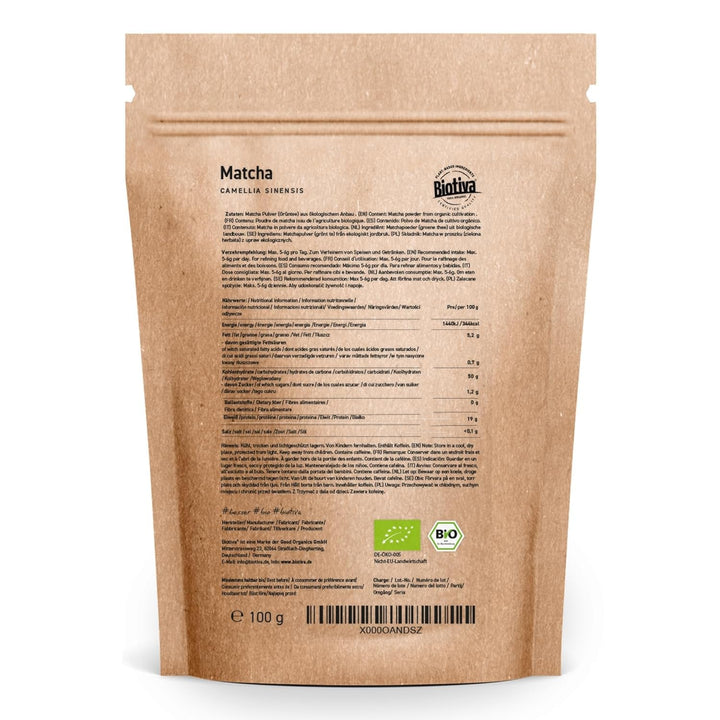 Ceai Matcha Bio 100 g - Pudră Matcha originală - Smoothie-uri cu ceai latte - Matcha bio de cea mai înaltă calitate din Japonia - Îmbuteliat și controlat în Germania - Biotiva