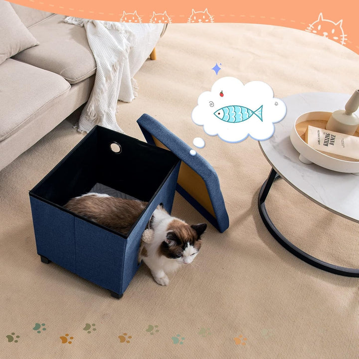 BRIAN & DANY Peșteră pliabilă pentru pisici mari, Casă pentru pisici cu zgârietură și minge de joacă, Taburet tip piept cu picioare din lemn 37 x 31,8 x 36 cm, Albastru