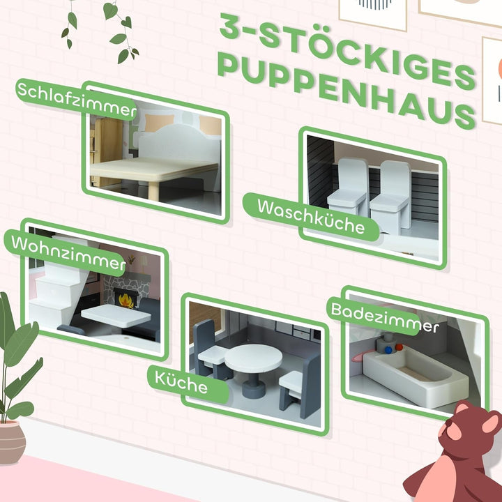 AIYAPLAY Casă de păpuși din lemn, casă de joacă cu 3 etaje cu 13 piese de mobilier, accesorii, 85,3 cm înălțime Casă de păpuși pentru copii de 3-6 ani, gri Casute de papusi Naty Shop