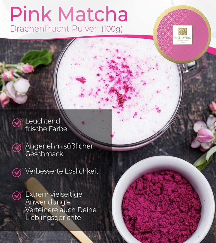 Tea Uniqo - Ceai Matcha roz pudră - Ideal pentru înghețată, latte, shake-uri, coacere sau gătit - Pudră de fructul dragonului Pitaya, 100% natural, fără aditivi, în cutie resigilabilă