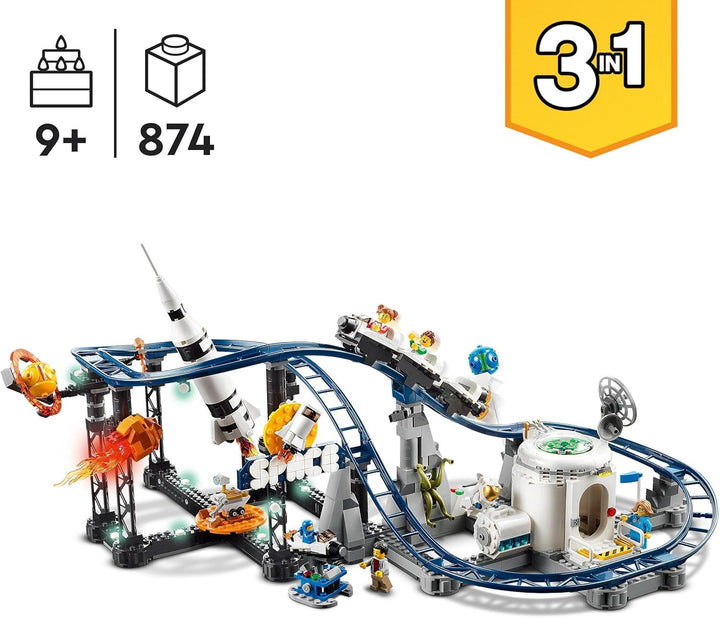 LEGO 31142 Creator 3-In-1 Rollercoaster spațial, kit de jucărie pentru bâlci cu cărucioare funcționale, convertibil în turn de cădere liberă sau carusel cu rachete și cărămizi strălucitoare Seturi de constructie Besuche den LEGO-Store