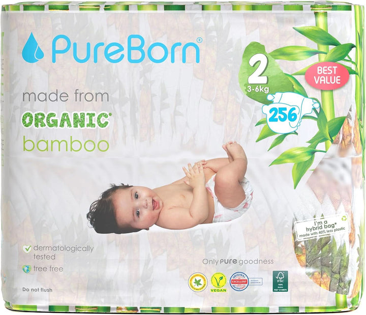 Scutece din bambus organic Pureborn Eco, marimea 2 (3-6 kg) Mama si Copilul Naty Shop Mărimea 2 (256 scutece)