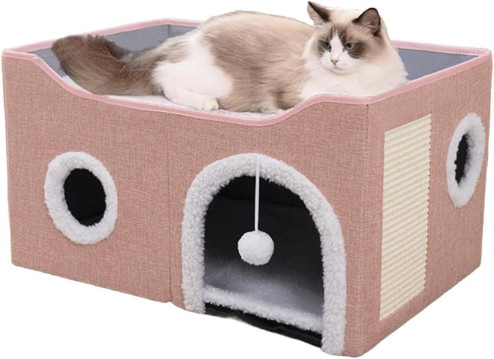 Peșteră pentru pisici, paturi pentru pisici, căsuță pentru pisici, peșteră pliabilă pentru pat de pisică cu scărpinat și minge de joacă, peșteră pliabilă pentru pat de pisică pentru dormit, ascundere, joacă și zgâriat (roz, mediu)