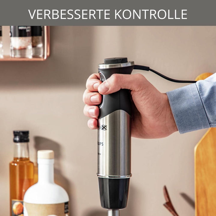 Krups Perfect Mix Stabmixer HZ6568 | Blender | 1000 Watt | Edelstahlfuß | 4 Extra Scharfe Messer | Powelix Technologie | Schneebesen | 500 Ml Zerkleinerer | 800 Ml Messbecher | Schwarz/Silber Bucatarie Naty Shop