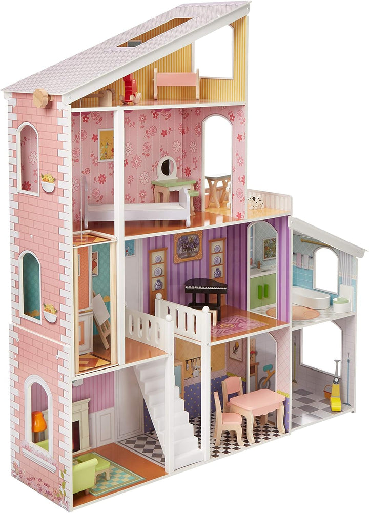 Amazon Basics Casă de păpuși din lemn cu 4 etaje și accesorii de mobilier pentru păpuși de 30,48 cm Casute de papusi Naty Shop