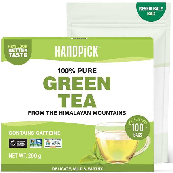 HANDPICK, pliculețe de ceai verde (100 pliculețe) Fără gluten și ceai verde pur | Pliculețe rotunde de ceai verde, fără adeziv, fără înălbitor, fără sfori | Ceai fierbinte/Kombucha sau infuzat la rece | Ceai verde