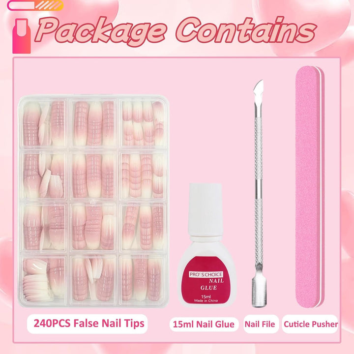 Set de vârfuri pentru unghii false - 240 de bucăți unghii false franțuzești pentru lipit - Unghii artificiale scurte, pătrate, pentru manichiură, pentru femei și bărbați (gradient scurt de sicriu)