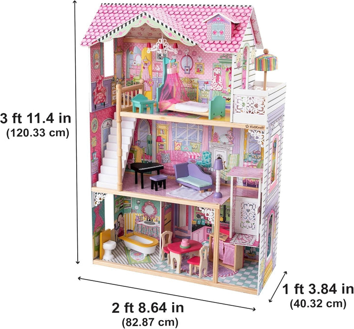 Casa de păpuși din lemn Kidkraft Annabelle cu mobilier și accesorii, set de joacă cu lift și balcon pentru păpuși înalte de 30 cm, jucărie pentru copii de la 3 ani, 65934 Casute de papusi Naty Shop