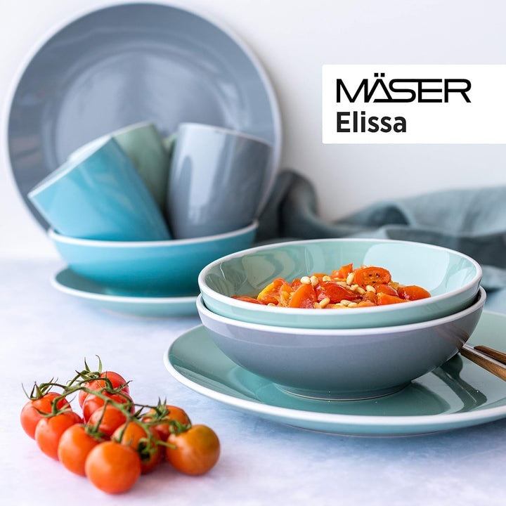 MÄSER 931770 Serie Elissa Modernes Geschirr Set Für 6 Personen in Türkis Mit Weißem Rand, 24-Teiliges Kombiservice, Steinzeug Seturi vesela masa Naty Shop