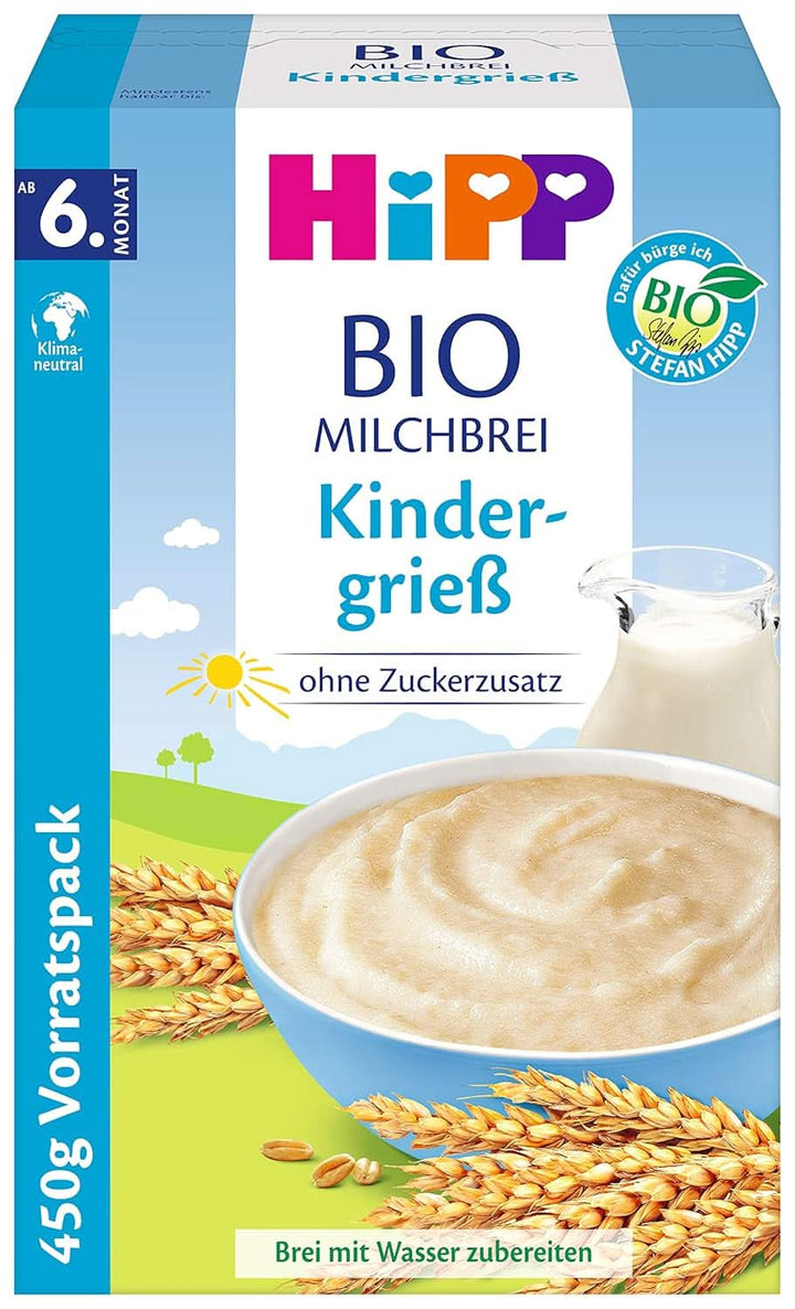 Hipp terci de lapte organic fără adaos de zahăr, semolina si banana, pachet de stocare (4X450 grame) Mama si Copilul Naty Shop 4 x 450 grame Gris pentru copii