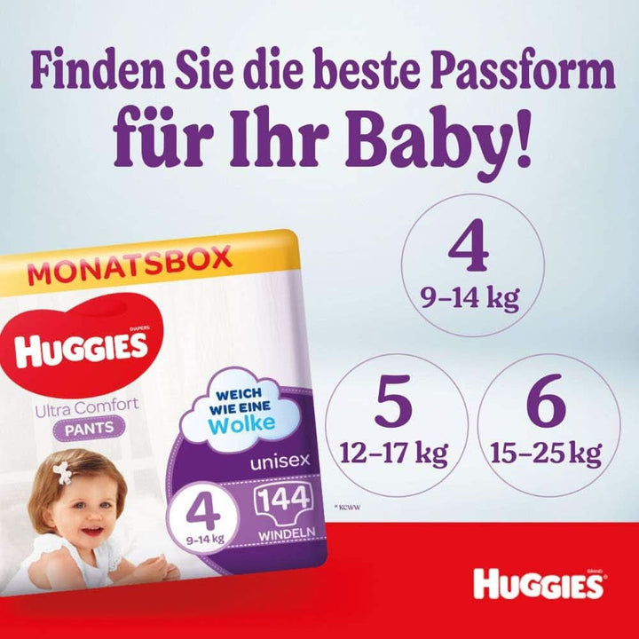 Huggies Ultra Comfort Pants mărimea 4, 9 - 14 kg, Pentru copii activi, Cu indicator de umezeală și tehnologie cloud waistband, 144 scutece Mama si Copilul Naty Shop