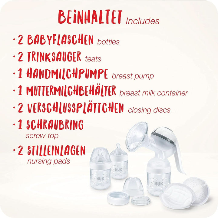 Pompă de sân manuală NUK Nature Sense | Set de alăptare cu pompă de sân manuală, biberoane și tampoane de alăptare Ultra Dry Comfort | 6 piese Accesorii Hrana si Alaptare Bebe Naty Shop