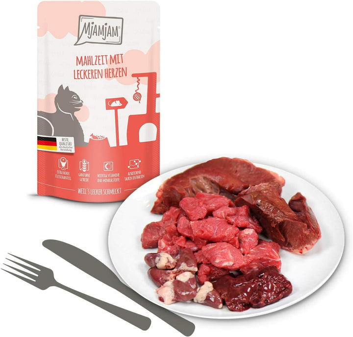 Mjamjam - Hrană umedă premium pentru pisici - Mixpack I - pui, vită, inimi, pachet de 12 (12 X 125 G), fără cereale cu extra carne