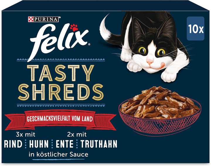 FELIX Tasty Shreds hrană umedă pentru pisici în sos, mix de arome variate, pachet de 6 (6 X 10 X 80G)