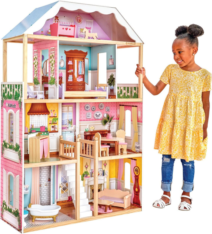 Casă de păpuși din lemn Kidkraft Charlotte cu mobilier și accesorii, casă de păpuși în stil clasic pentru păpuși de 30 cm, jucărie pentru copii de la 3 ani, 65956 Casute de papusi Naty Shop