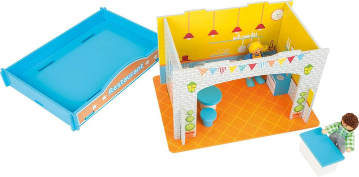 Small Foot 10852 Playhouse Restaurant Fabricat din lemn, Cu 2 figurine pentru păpuși, accesorii și acoperiș detașabil, De la 3 ani Casute de papusi Naty Shop