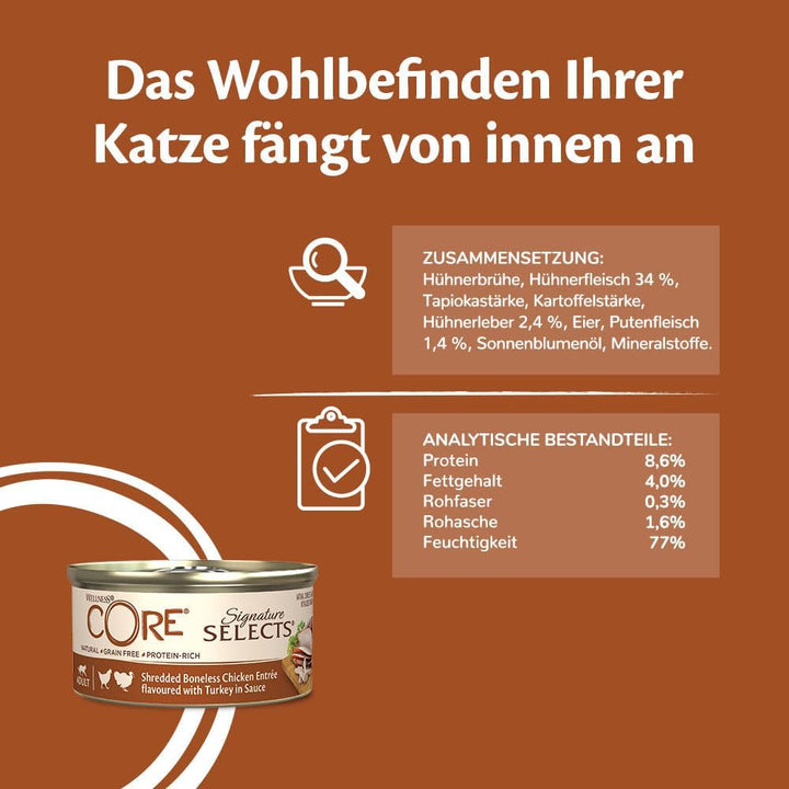 Wellness CORE Signature Selects, Shredded Selection Mix, 8 X 79 G, Hrană umedă premium pentru pisici adulte în sos, fără zahăr adăugat, fără cereale, cu conținut ridicat de carne