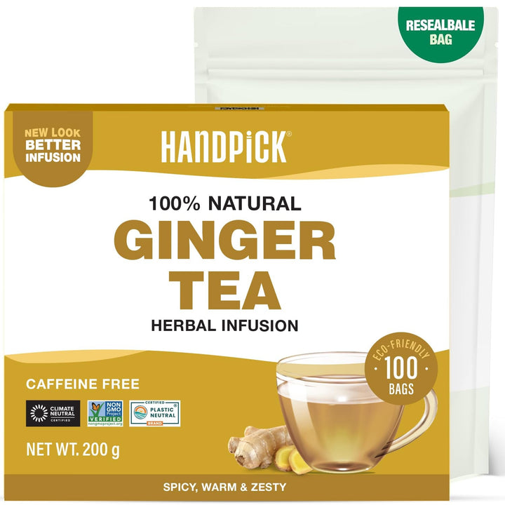 HANDPICK, pliculețe de ceai verde (100 pliculețe) Fără gluten și ceai verde pur | Pliculețe rotunde de ceai verde, fără adeziv, fără înălbitor, fără sfori | Ceai fierbinte/Kombucha sau infuzat la rece | Ceai verde