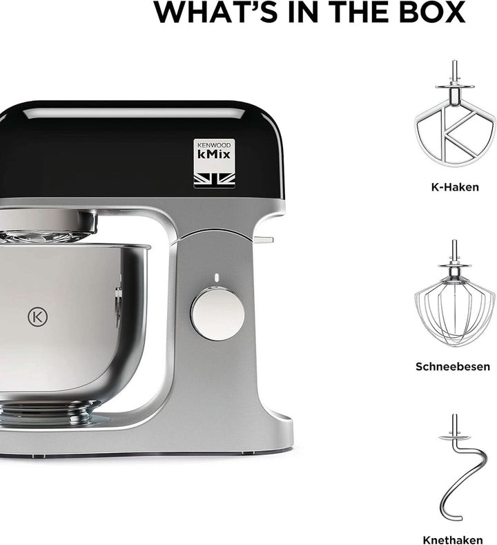 Kenwood Kmix KMX750BK Küchenmaschine, 5 L Edelstahl Schüssel, Safe-Use-Sicherheitssystem, Metallgehäuse, 1000 Watt, Inkl. 3-Teiligem Patisserie-Set Und Spritzschutz, Schwarz, 240X385X355 Naty Shop