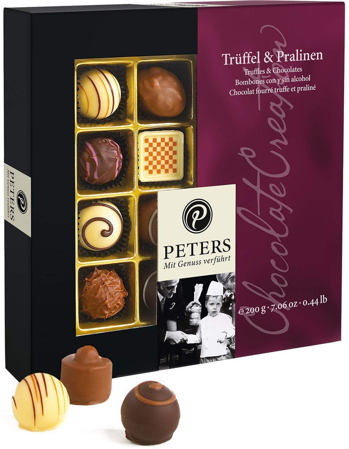 Peters, cutie cadou, amestec de praline cu sau fara alcool Bomboane de Ciocolata Naty Shop 200 grame Bomboane de ciocolată cu trufe