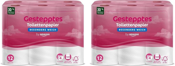 By Amazon Hârtie igienică, 4 straturi matlasate, extra moale, 48 de role (12 role, pachet de 4), 160 de foi pe rolă, certificată Fsc