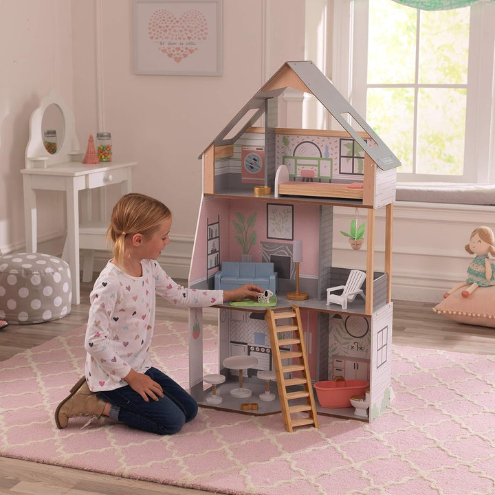 Casă de păpuși Kidkraft Alina din lemn cu mobilier și accesorii pentru păpuși înalte de 30 cm, set de joacă cu 3 etaje, cu câine și scări mobile, jucărie pentru copii de la 3 ani, 10229 Casute de papusi Naty Shop