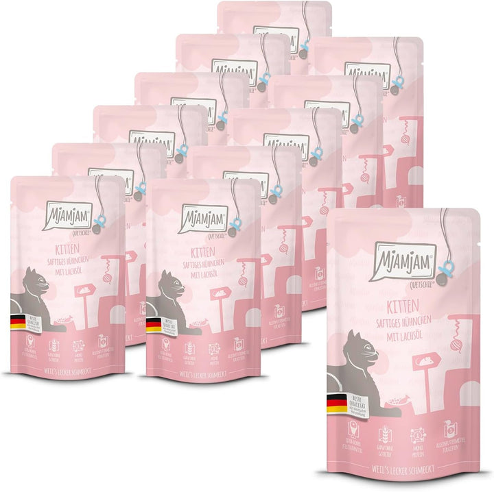 Mjamjam - Hrană umedă premium pentru pisici - Kitten Juicy Chicken cu ulei de somon, pachet de 6 (6 X 200 G), fără cereale, cu extra carne