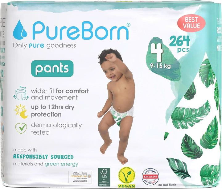 Scutece Pureborn Baby Premium Pantaloni, protectie optima zi si noapte, testate dermatologic, ultra moi, prietenoase cu pielea Mama si Copilul Naty Shop Mărimea 4 (264 bucăți)