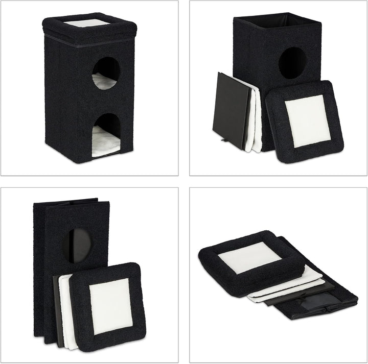 Peșteră pentru pisici Relaxdays, ÎxLxA: 76 x 40 x 40 cm, Căsuță pliabilă pentru pisici cu 3 niveluri, Ascunziș pentru pisici cu scândură, Negru