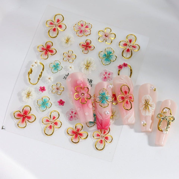 JMEOWIO 3D Nagelsticker Colorful Flower Nail Art Sticker Selbstklebend Nagelaufkleber 5D Stereoskopisch Spring Summer Floral Dekoration Nageldesign Zubehör 4 Blatt