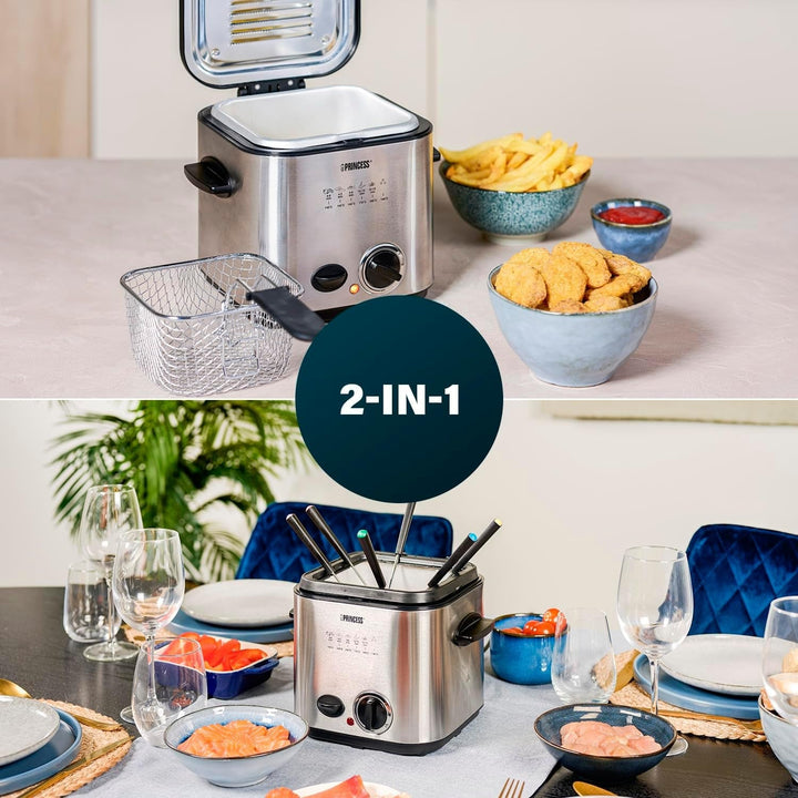 Princess 182611 Mini friteuză pentru fondue - Încălzire rapidă - Filtru de mirosuri - Capacitate de 1,2 litri, argintiu Electrocasnice Naty Shop