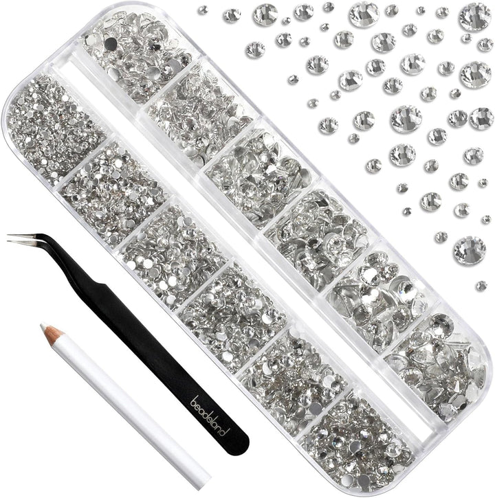 Beadsland 2500Pcs Glas Nailart Strasssteine Kristall Flatback Edelsteine Runde, ​​Für Handwerk Gemischt 8 Größen SS4 ~ SS30 Mit Picking Pinzette Und Stift (Kristall Weiss)