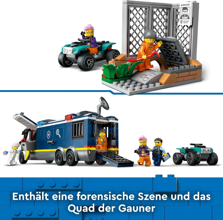 Camion de poliție LEGO City cu laborator, set de poliție cu quad și camion de jucărie pentru copii, cadou pentru băieți și fete de la 7 ani, plus 5 minifigurine - 2 polițiști, 1 om de știință și 2 escroci 60418 Seturi de constructie Besuche den LEGO-Store