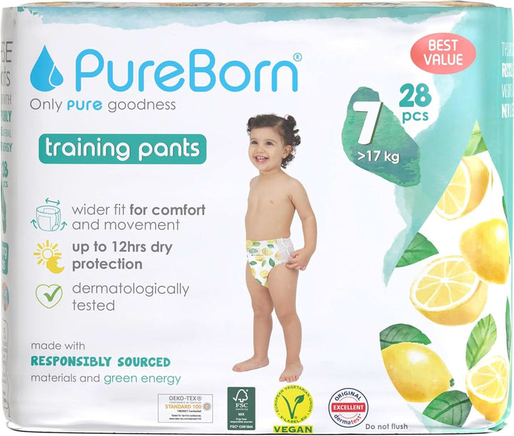 Scutece Pureborn Baby Premium Pantaloni, protectie optima zi si noapte, testate dermatologic, ultra moi, prietenoase cu pielea Mama si Copilul Naty Shop Marimea 7 (28 bucati)