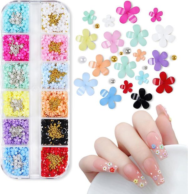 Talismani pentru unghii cu flori 3D, 12 grile de pietre pentru unghii din rășină acrilică cu flori și mărgele aurii și argintii, unghii cu gel floral, decorațiuni pentru unghii cu flori pentru femei și fete, accesorii DIY pentru manichiură