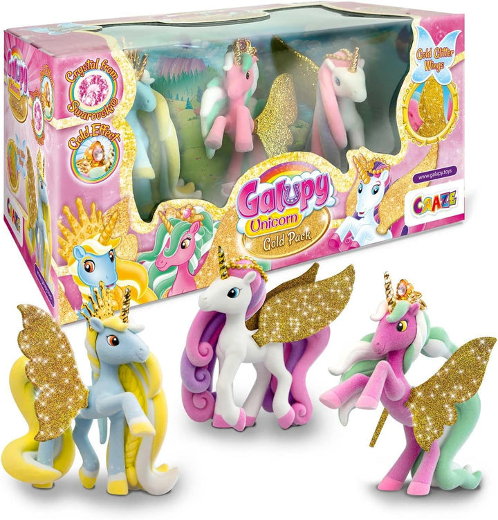 Galuppy Unicorn - 3 -pakkepakke enhjørning, enhjørningslegetøj, ponyfigurer med skinnende vinger og Swarovski Crystal