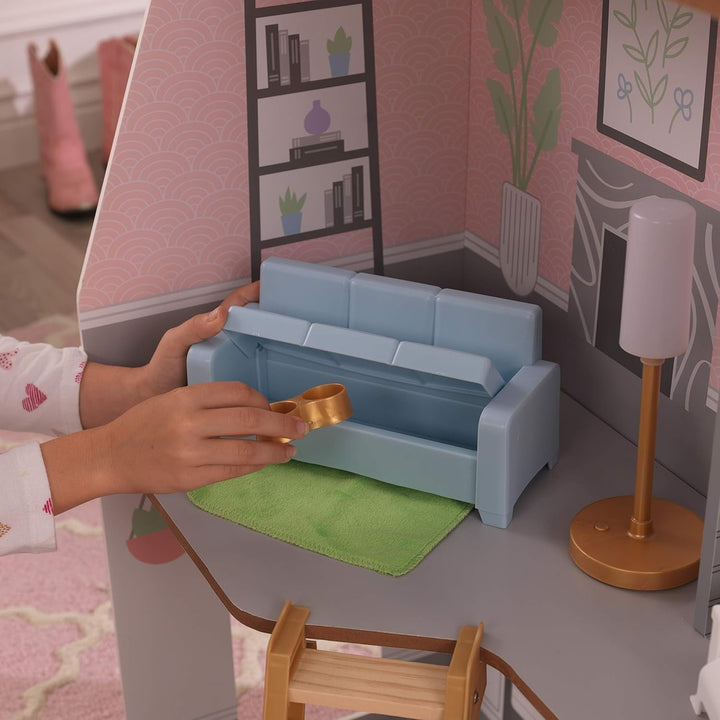 Casă de păpuși Kidkraft Alina din lemn cu mobilier și accesorii pentru păpuși înalte de 30 cm, set de joacă cu 3 etaje, cu câine și scări mobile, jucărie pentru copii de la 3 ani, 10229 Casute de papusi Naty Shop