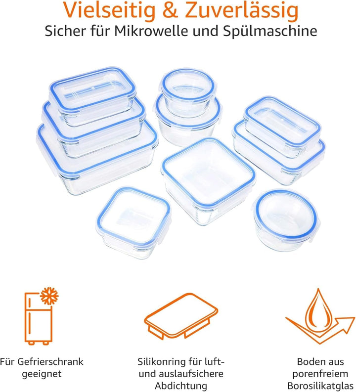 Amazon Basics recipiente de sticlă pentru alimente, cu capac, pachet de 20 (10 recipiente + 10 capace), fără BPA, albastru transparent Cutii depozitare alimente Naty Shop