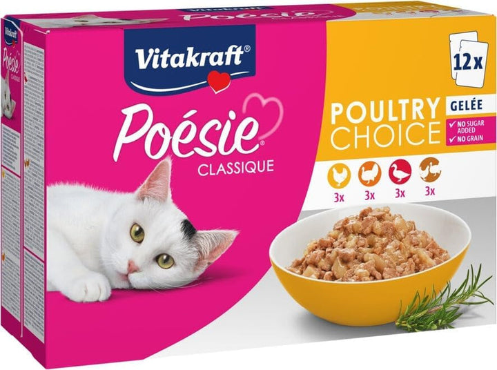Vitakraft Poésie Classique, hrană umedă pentru pisici, jeleu de hrană umedă pentru pisici, cu pui, cu curcan, cu pasăre, cu rață, fără adaos de zahăr și cereale (5 pachete de 12X 85G)