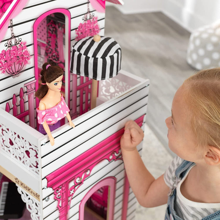 Casă de păpuși din lemn Kidkraft Amelia cu mobilier și accesorii, set de joacă cu balcon și lift pentru păpuși de 30 cm, jucărie pentru copii de la 3 ani, 65093 Casute de papusi Naty Shop