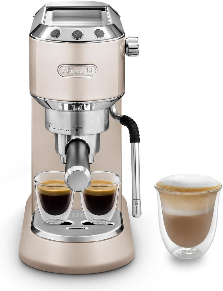 De'Longhi Dedica Style EC 685.B – Espressor portafiltru, espressor cu spumator de lapte profesional, doar 15 cm lățime, pentru cafea măcinată sau capsule ESE, rezervor de apă de 1 L, negru